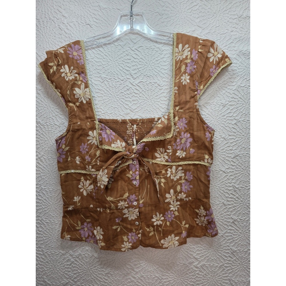 Free People Call Me Baby Blouse Women L Brown NWT Floral Tie Front Boho Top